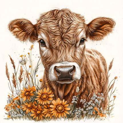 A digitally printed 100% cotton fabric panel featuring a cow with flowers in the background.