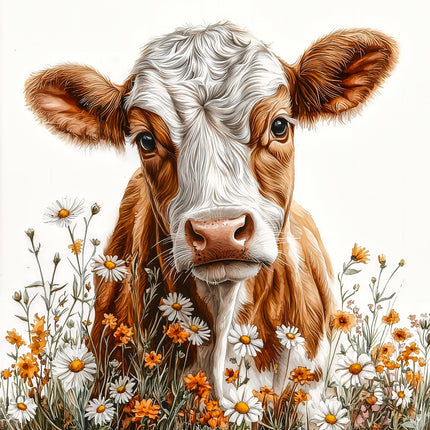 A digitally printed 100% cotton fabric panel featuring a cow with flowers in the background.