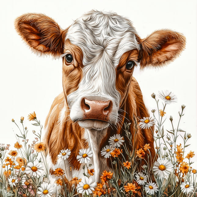 cow surrounded by flowers fabric panel