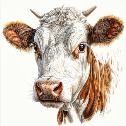 A digitally printed 100% cotton fabric panel featuring a close-up image of a cow's face with detailed fur and ears.