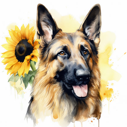 German Shepherd dog with a sunflower fabric panel