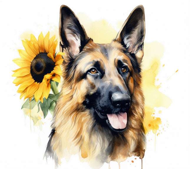 German Shepherd dog with a sunflower fabric panel
