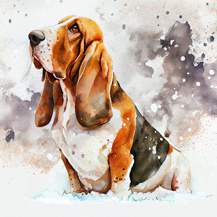 A digitally printed 100% cotton fabric panel featuring a basset hound in a winter setting with snow.