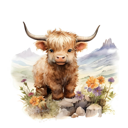 A digitally printed 100% cotton fabric panel featuring a baby Highland cow 