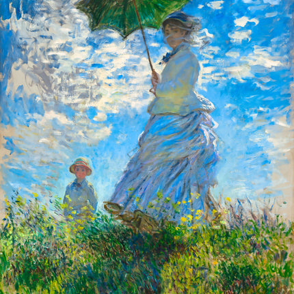 Painting of a woman with an umbrella in a garden by Monet