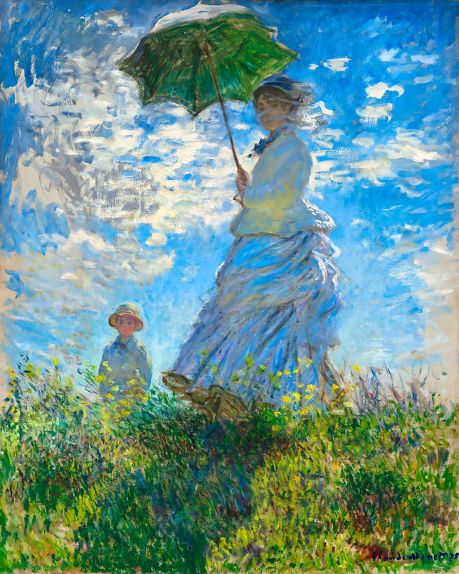 Painting of a woman with an umbrella in a garden by Monet