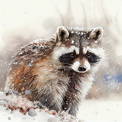 A digitally printed fabric panel featuring a raccoon in a snowy setting.