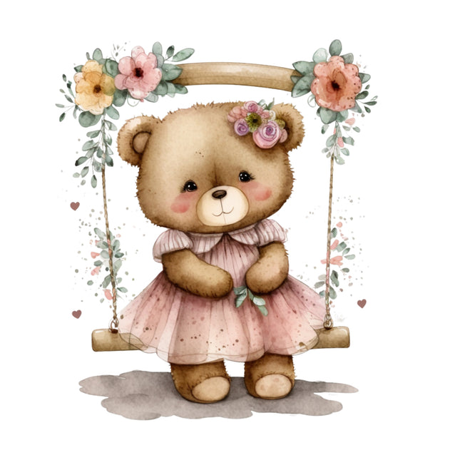 Teddy bear in a pink dress on a swing fabric panel