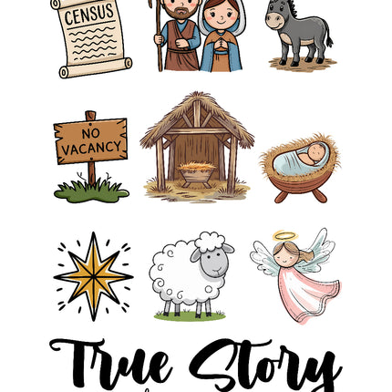A collection of illustrated Christmas nativity scene elements including figures of Mary and Joseph, a donkey, a manger, a star, and sheep, along with text referencing Luke 2:1-20.