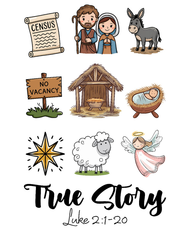 A collection of illustrated Christmas nativity scene elements including figures of Mary and Joseph, a donkey, a manger, a star, and sheep, along with text referencing Luke 2:1-20.
