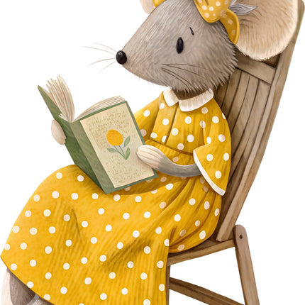 Mouse figurine in a yellow polka dot dress sitting in a chair reading a book fabric panel