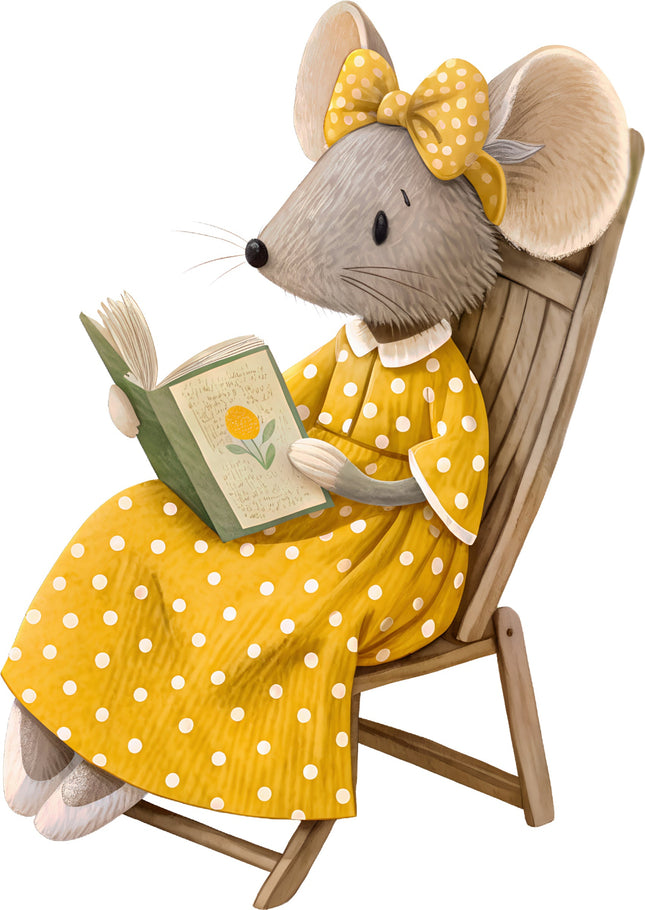 Mouse figurine in a yellow polka dot dress sitting in a chair reading a book fabric panel