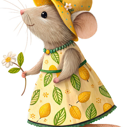 Illustration of a mouse in a yellow dress with leaf pattern and sun hat holding a flower fabric panel
