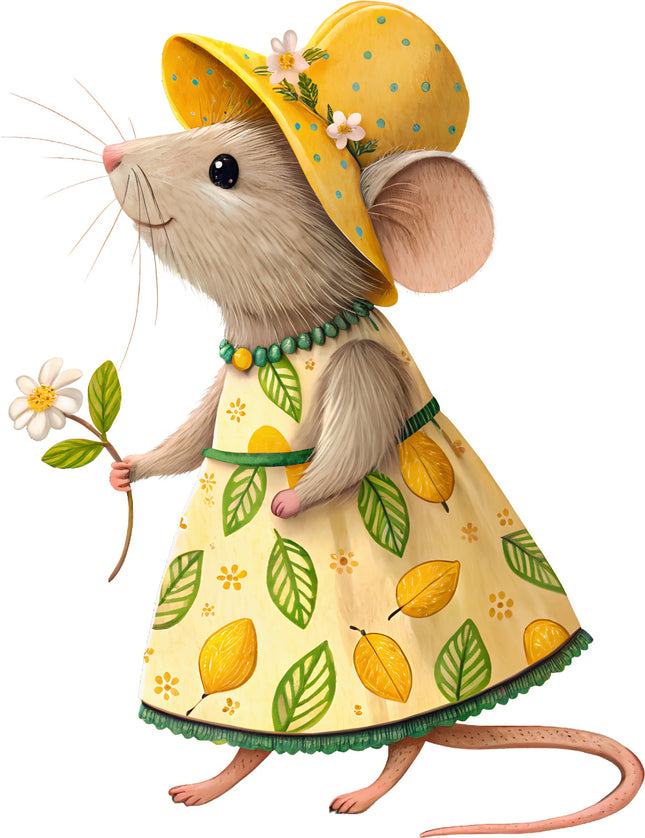 Illustration of a mouse in a yellow dress with leaf pattern and sun hat holding a flower fabric panel