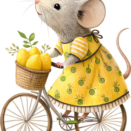 Illustration of a mouse in a yellow dress riding a bicycle with a basket of lemons fabric panel
