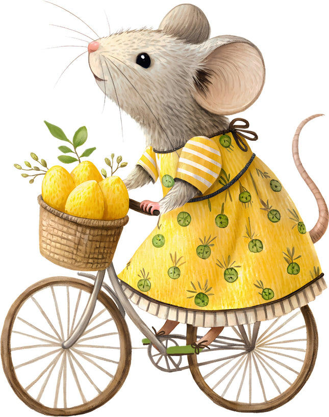 Illustration of a mouse in a yellow dress riding a bicycle with a basket of lemons fabric panel