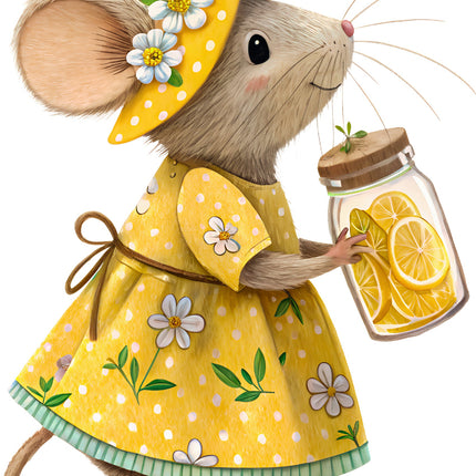 Illustration of a mouse in a yellow dress and hat holding a jar of lemons fabric panel.