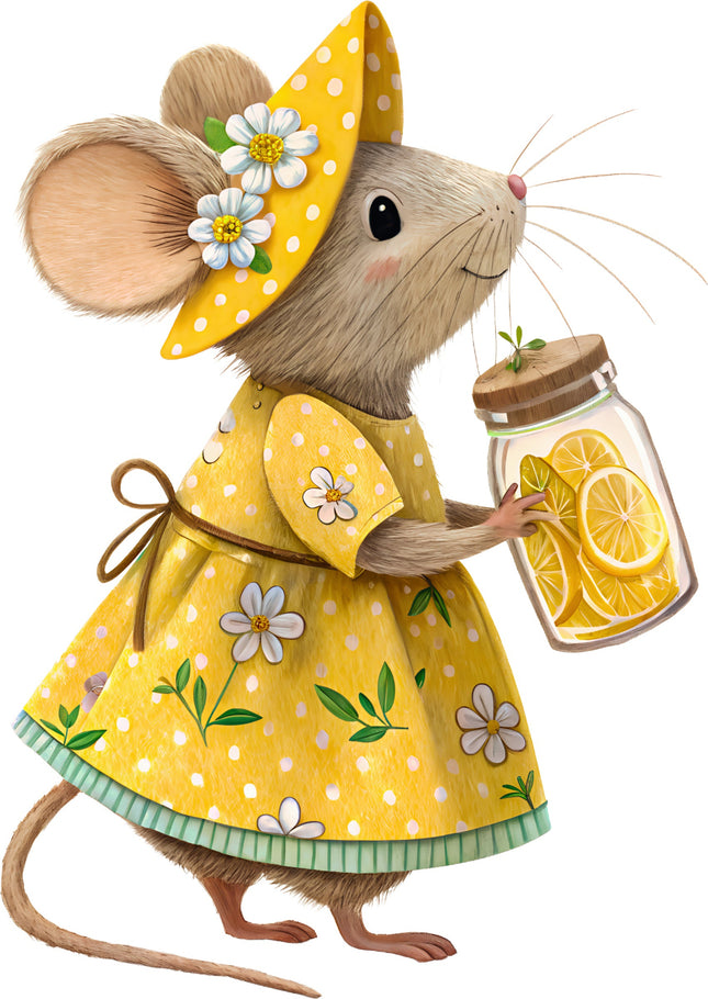 Illustration of a mouse in a yellow dress and hat holding a jar of lemons fabric panel.