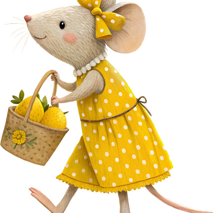 Illustration of a mouse in a yellow polka dot dress holding a basket of lemons fabric panel