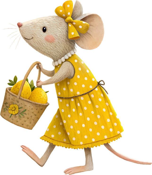 Illustration of a mouse in a yellow polka dot dress holding a basket of lemons fabric panel