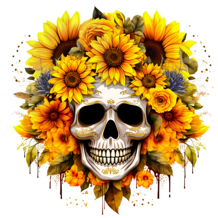 Skull surrounded by yellow and orange flowers fabric panel