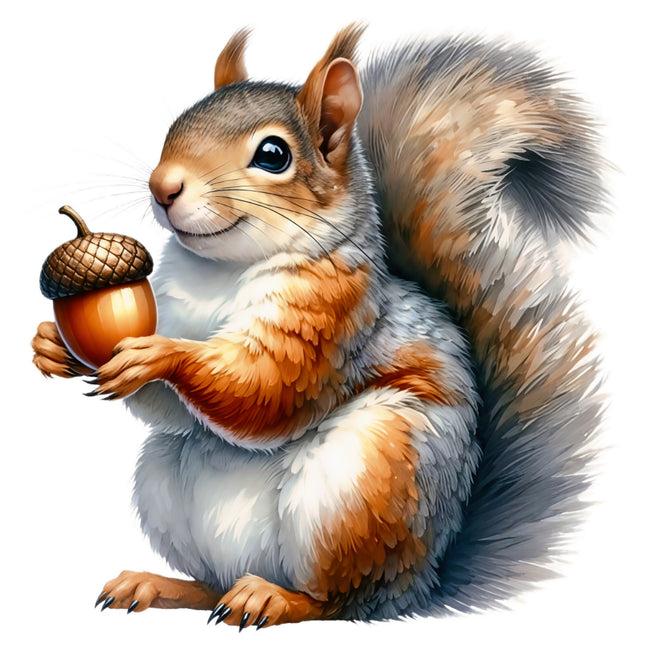 Illustration of a squirrel holding an acorn on a white background fabric panel