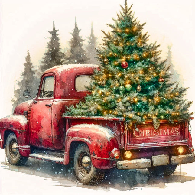Vintage red truck with a Christmas tree fabric panel