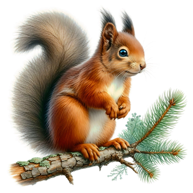 Illustration of a red squirrel on a branch with pine needles fabric panel
