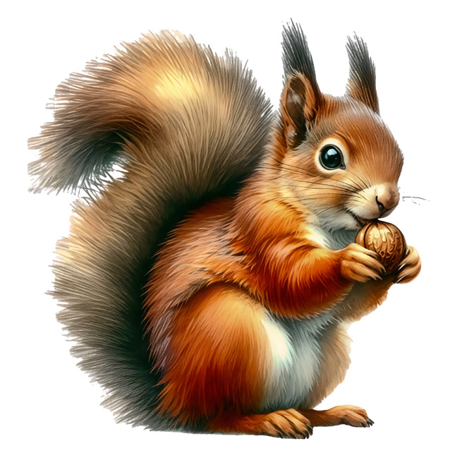 Illustration of a squirrel holding a nut on a white background fabric panel