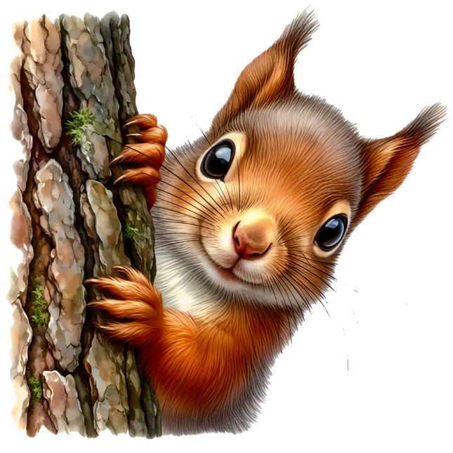 Squirrel peeking from behind a tree trunk fabric panel