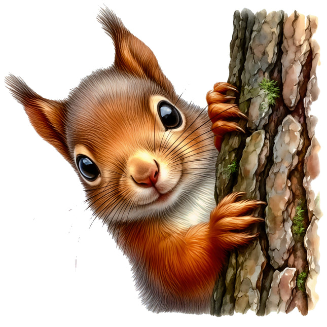Illustration of a squirrel peeking out from behind a tree trunk on a white background fabric panel