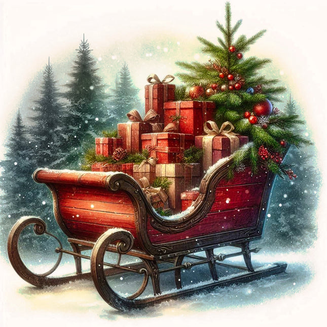 Sleigh with Christmas presents and tree in a snowy landscape quilt block