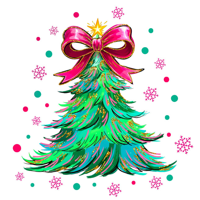 Colorful Christmas tree with a large pink bow fabric panel