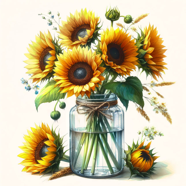 Glass jar with sunflowers fabric panel