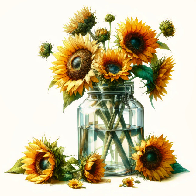 Clear glass jar filled with water and sunflowers quilt block