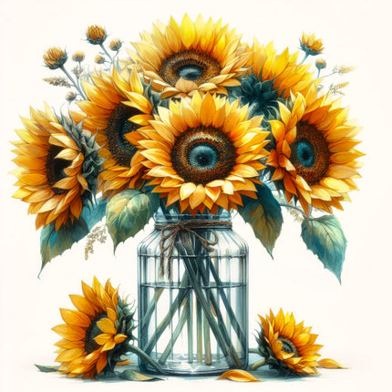 Glass jar with sunflowers fabric panel