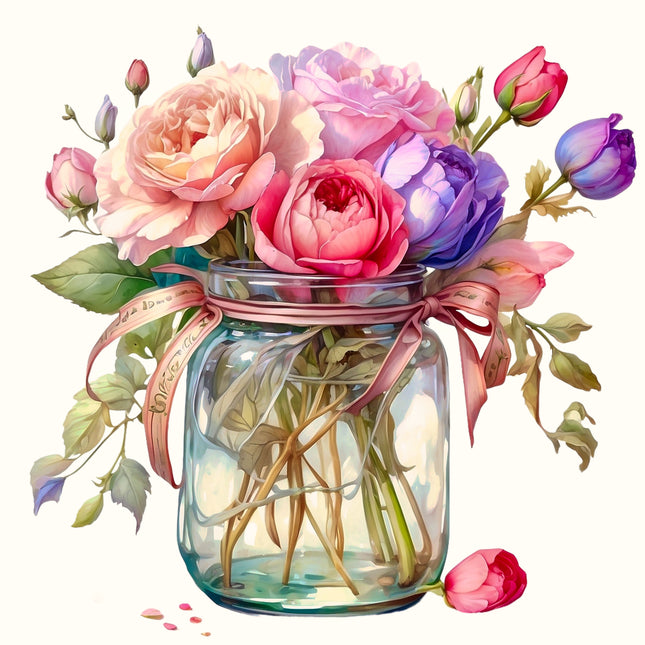 Flowers in Jar 100% Cotton Fabric Panel Block EE1504