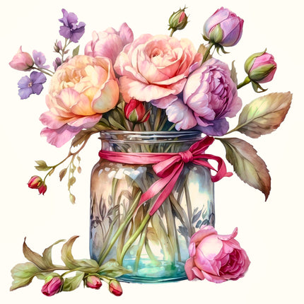 Flowers in Jar 100% Cotton Fabric Panel Block EE1506