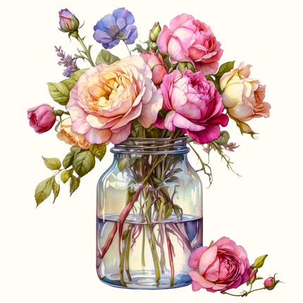 Flowers in Jar 100% Cotton Fabric Panel Block EE1508