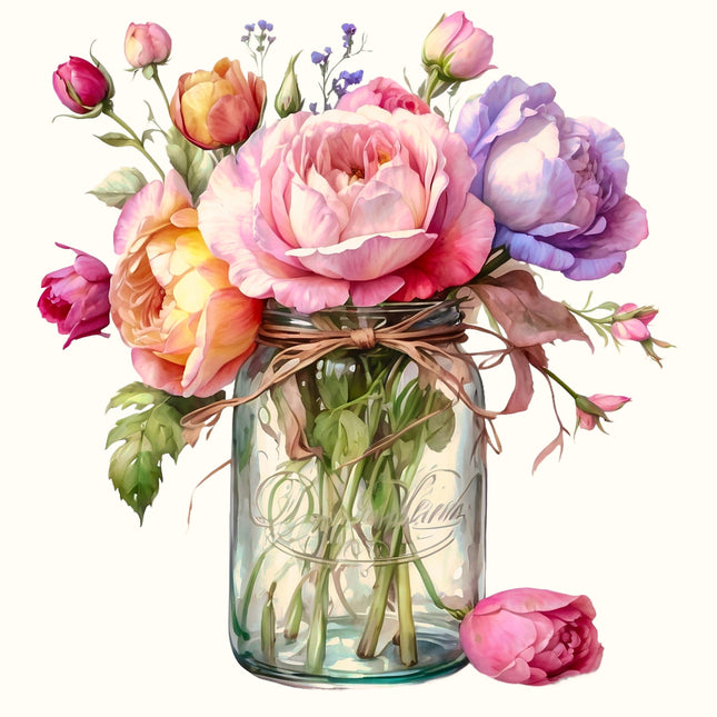 Flowers in Jar 100% Cotton Fabric Panel Block EE1509