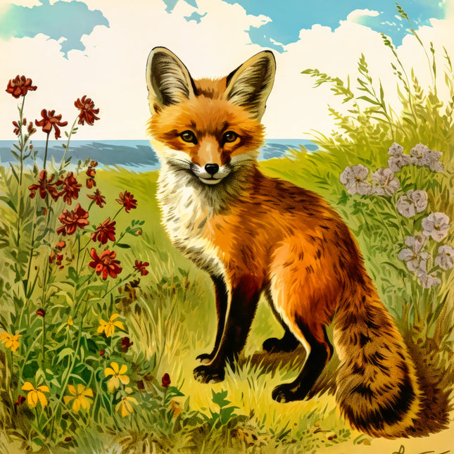 Red fox standing in a field with flowers and grass fabric panel