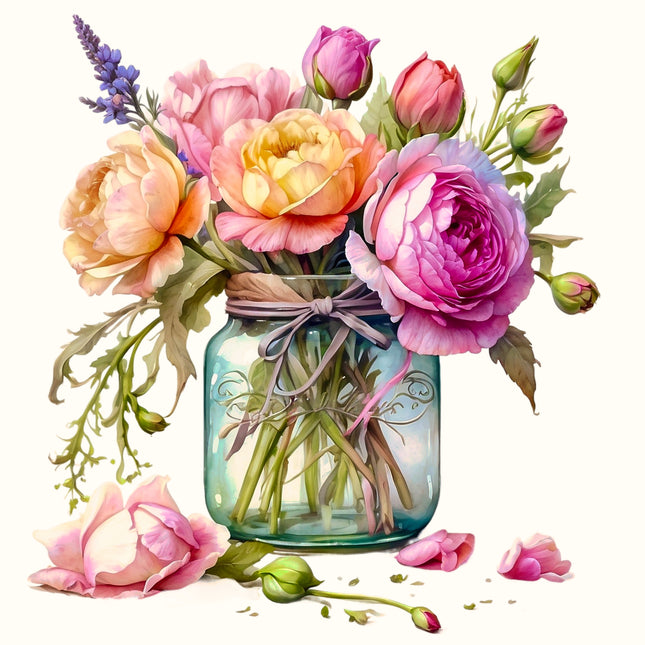 Flowers in Jar 100% Cotton Fabric Panel Block EE1513