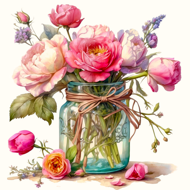 Flowers in Jar 100% Cotton Fabric Panel Block EE1514