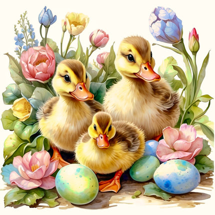Three cartoon ducklings surrounded by flowers and Easter eggs quilt block