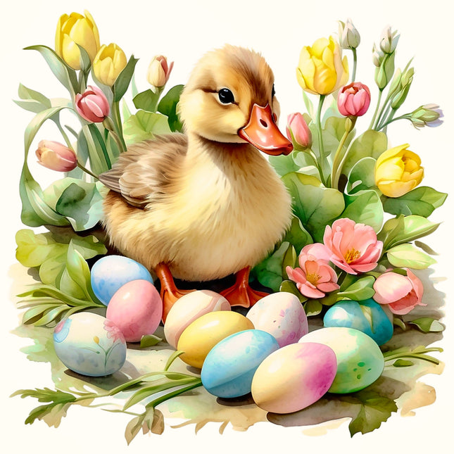 duck surrounded by flowers and colorful eggs fabric panel