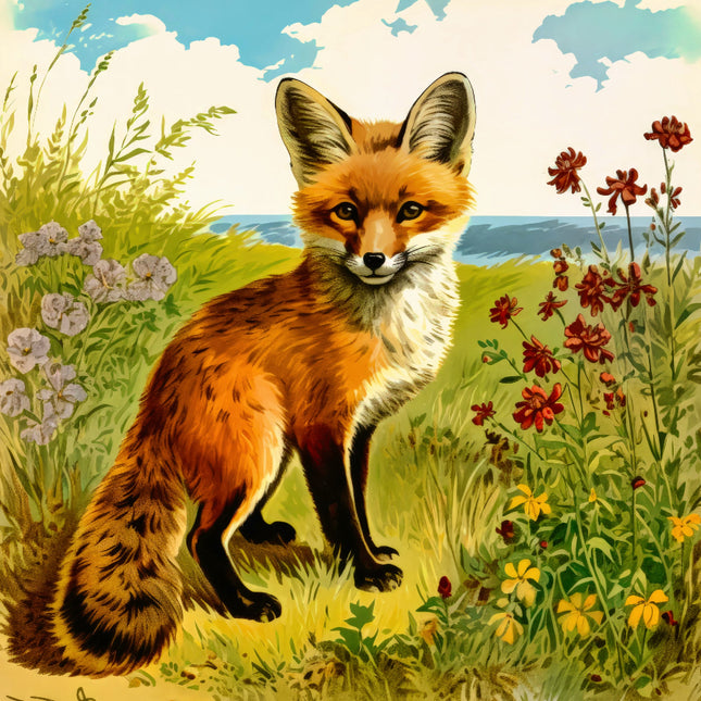 Fox standing in a field with flowers and a blue sky fabric panel