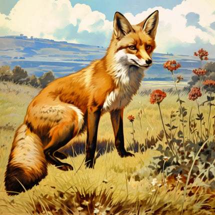 Fox standing in a field with flowers and a landscape in the background fabric panel