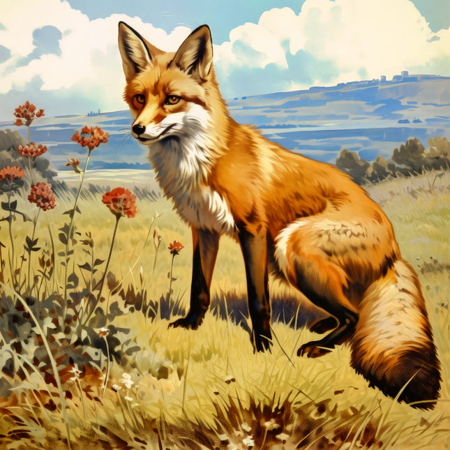 Fox standing in a field with flowers and a landscape in the background fabric panel