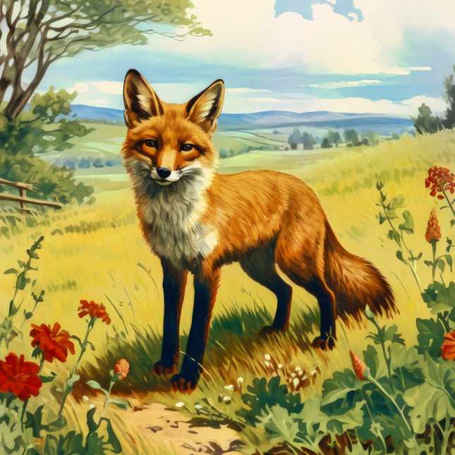 Fox standing in a field with flowers and trees in the background fabric panel