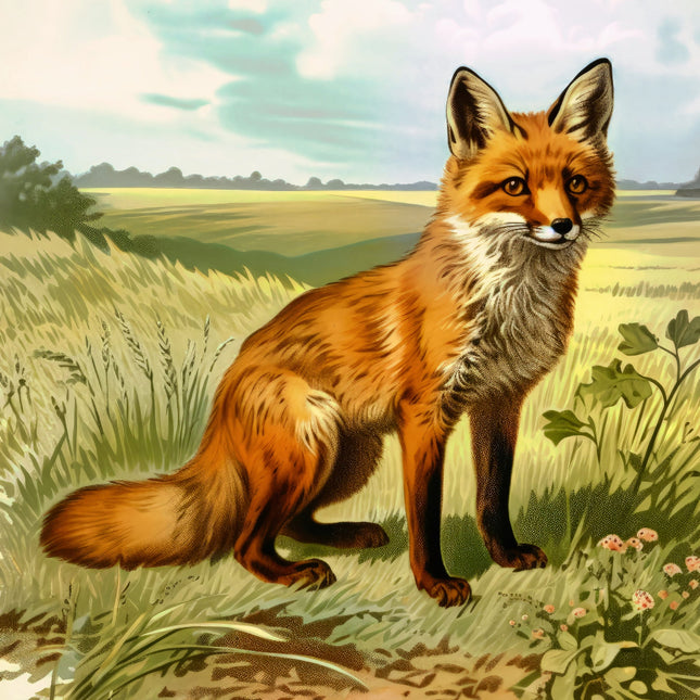 Illustration of a fox standing in a grassy field with a scenic background fabric panel